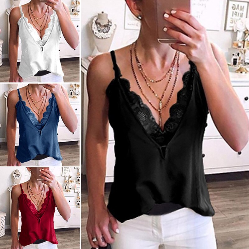 Women&#39;s Sexy Camisole Summer Deep V Neck Lace Tank Top Adjustable Spaghetti Strapless Backless Bottoming Shirt Vest Thin Comfor