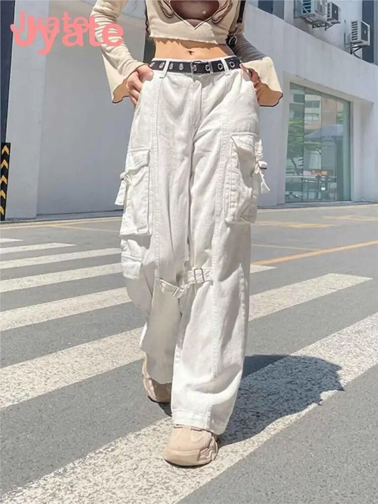 Jyate Vintage White Cargo Pants Women Y2k Streetwear Chic Pockets Low Rise Loose Jeans Female Retro Harajuku Casual Trousers