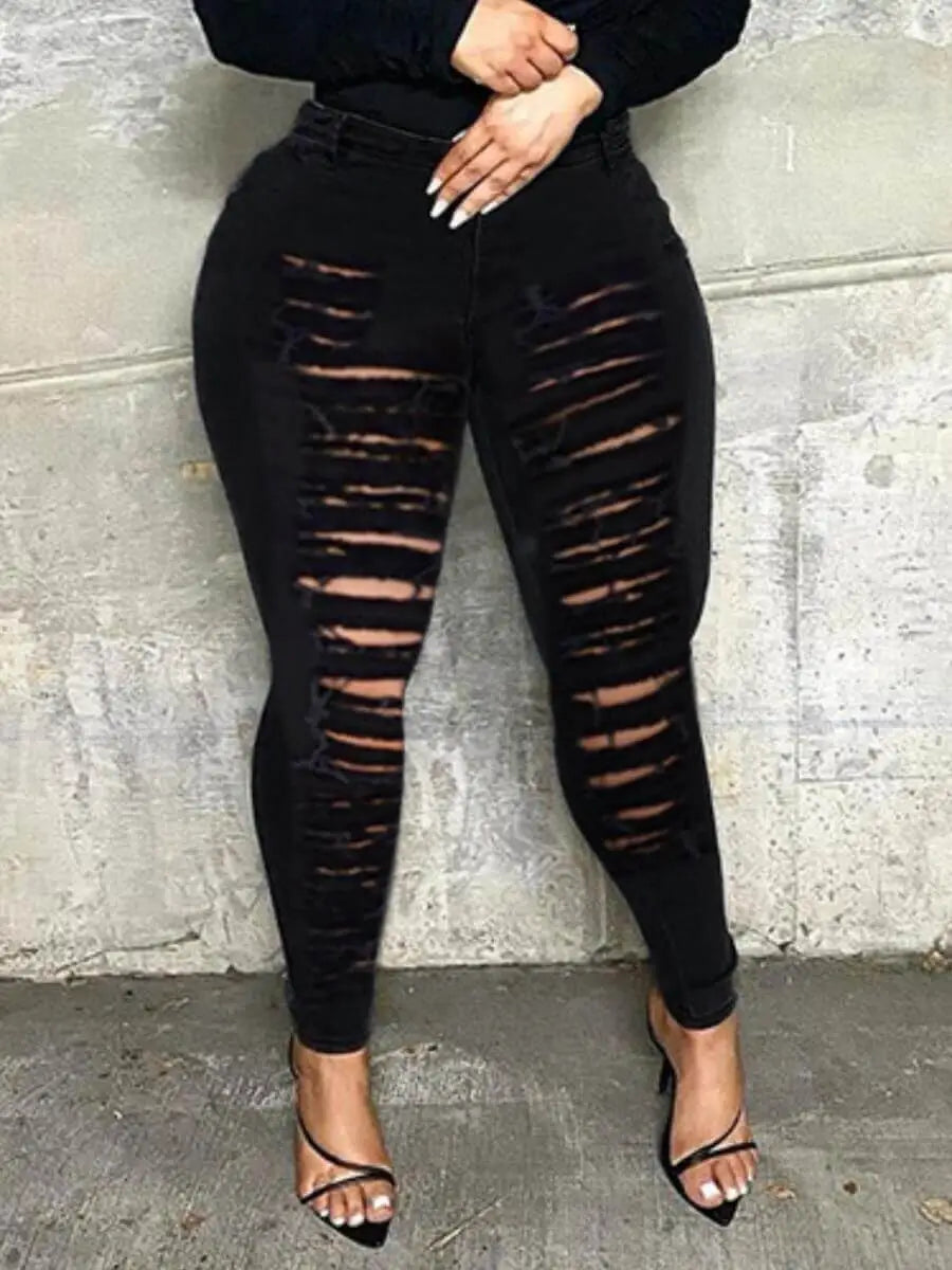 LW Mid Waist High Stretchy Ripped Solid Skinny Jeans Summer Elastic Trousers Sexy Skinny Denim Pencil Pants