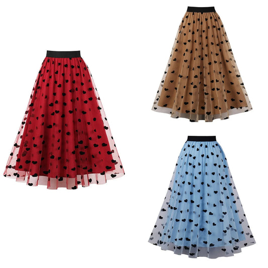 Mesh Tutu Skirt Heart Printed Women Bubble Puffy Carnival Clothes Elastic Waist Dancing Costume Tulle Skirt Tiered A Line Skirt