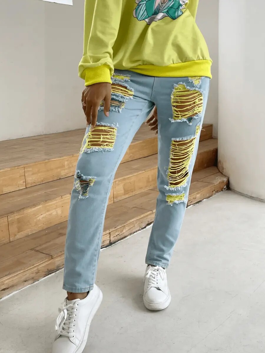 LW Denim Pants Shredded Jeans Fashion Raw Edge Ripped Jeans Distressed Skinny Waist Trousers women's Slim Jeans pants