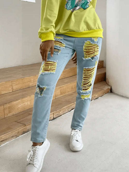 LW Denim Pants Shredded Jeans Fashion Raw Edge Ripped Jeans Distressed Skinny Waist Trousers women's Slim Jeans pants 