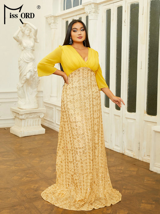 Missord New Plus Size Yellow Women Dress Clothing 4XL Sequin Panel A Line Evening Prom Party Vestidos