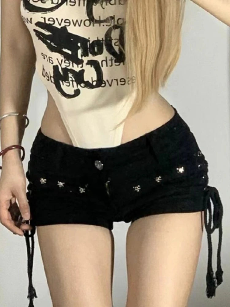 QWEEK Sexy Bandage Denim Shorts Women American Retro Harajuku Streetwear Punk Gothic Student Shots 2024 Spring Summer Fashion