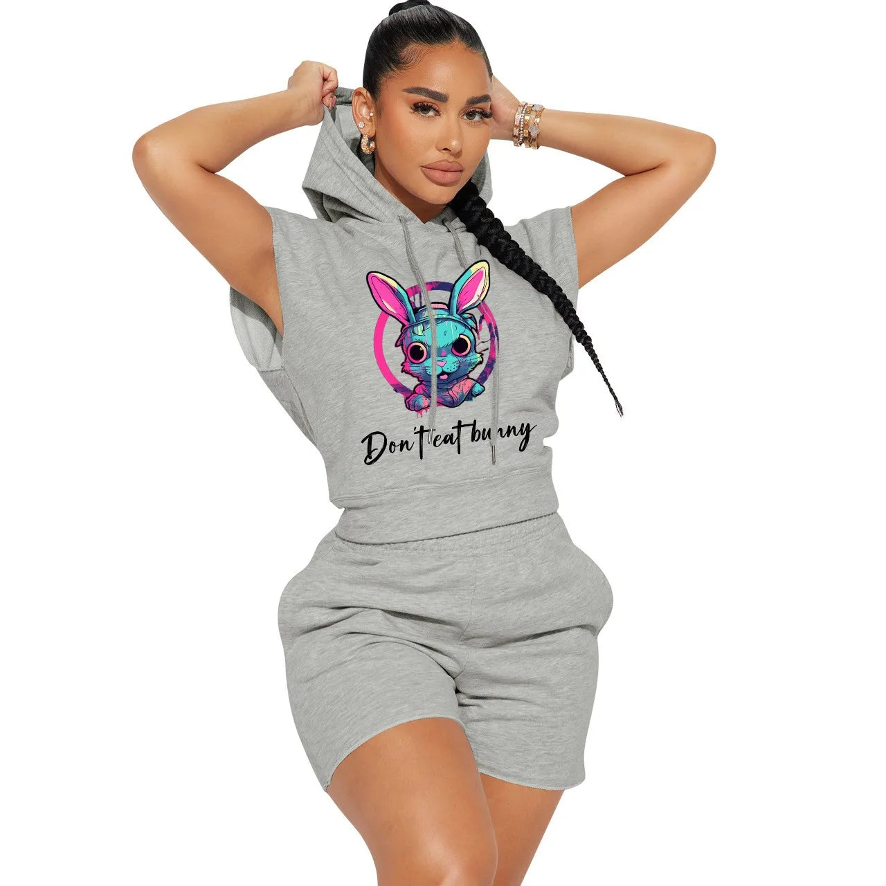 WSFEC S-XL Summer Fashion Two Piece Sets Women Outfits Short Sleeve Rabbit Pattern Hoodie Sweatsuit for Women Casual Suits