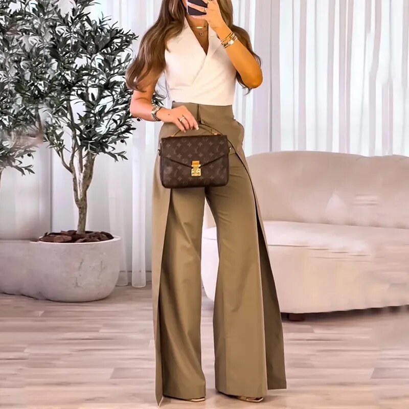 LIYONG Women Two Piece Set Autumn Fashion Elegant Solid Lapel Sleeveless Top Casual Loose Wide Legs Pants Sets High Streetwear