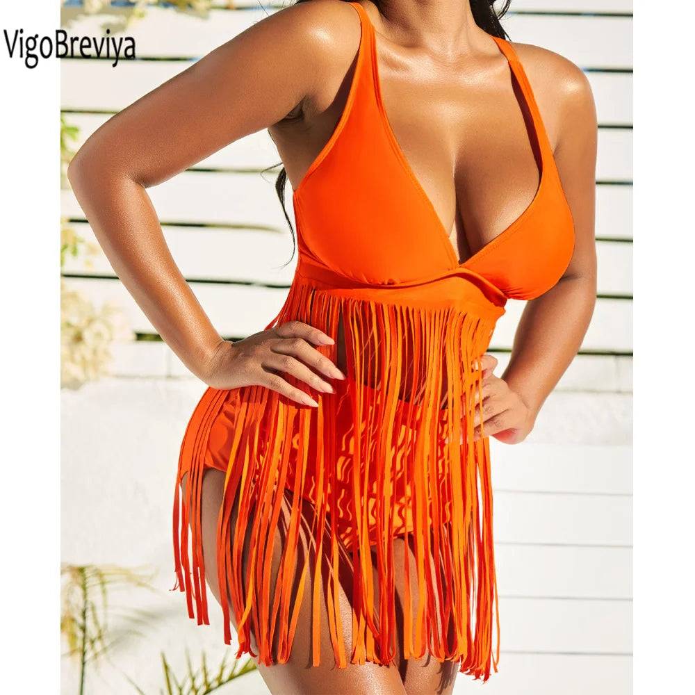 VigoBreviya 2024 Solid V Neck Strapped Tassel Swimwear Women Sexy High Waist Bikini Push UP Swimsuit Summer Beack Bathing Suit