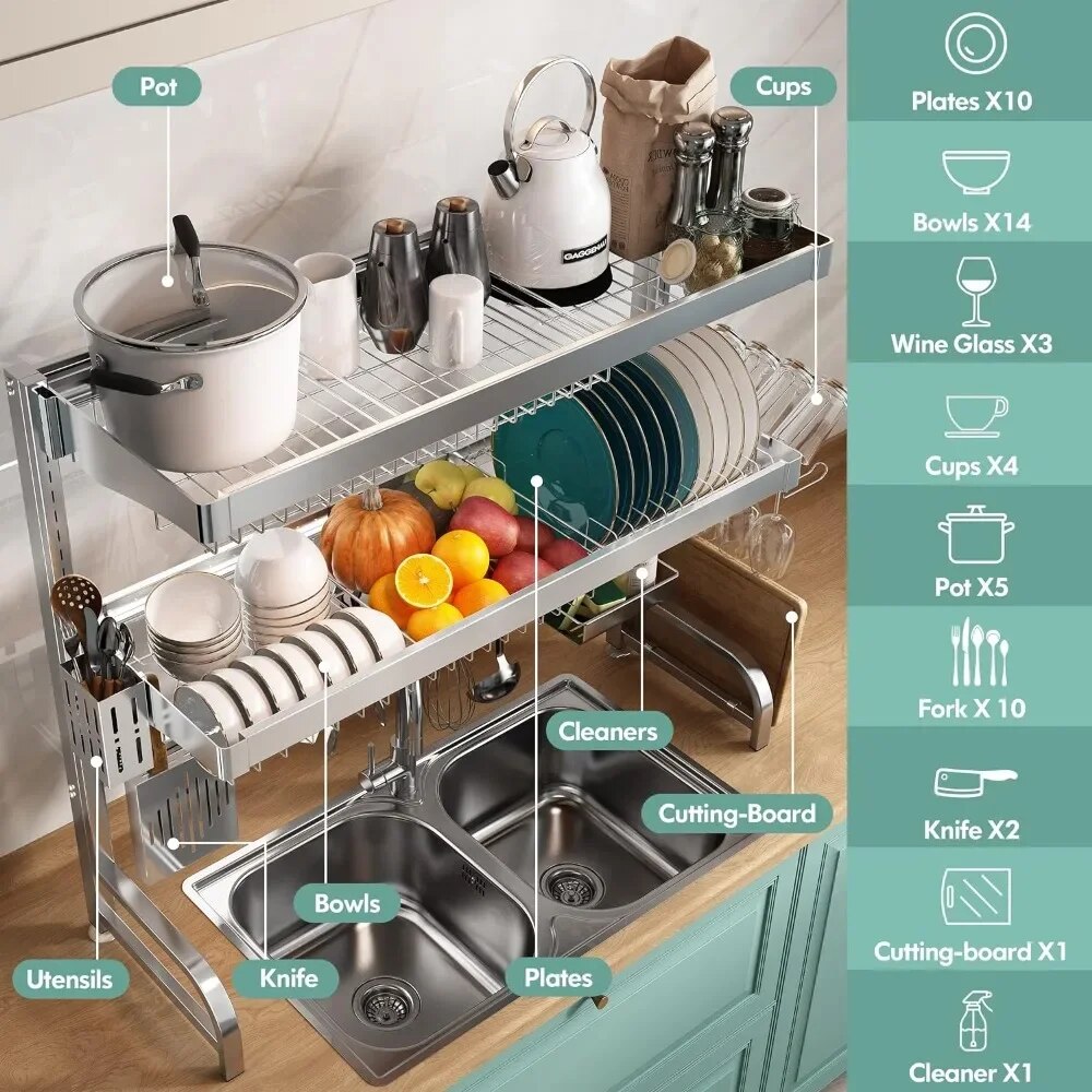 Over Sink Dish Drying Rack, 3 Tier Full 304 Stainless Steel Large Dish Drainer for Kitchen, Height Adjustable Above Sink Shelf