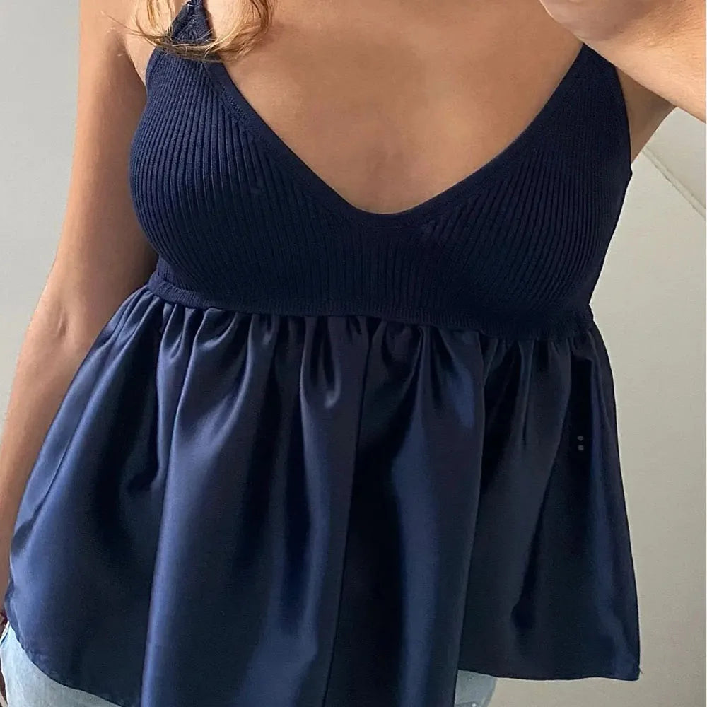 TRAF Blue Crop Top Women Ruffle Knitted Camis Top Woman Off Shoulder  Corset Top Female Streetwear Backless Women's tube top