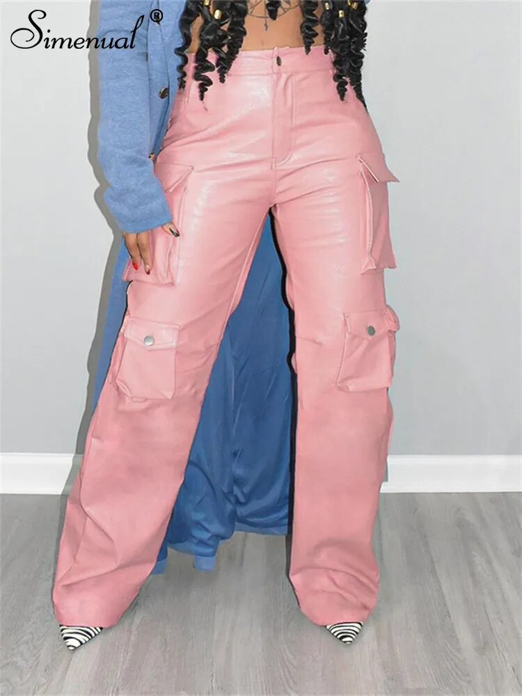 Simenual Fairy Pink Pu Faux Leather High Waist Long Pants Women Casual Streetwear Bottoms Chic Pockets Straight Trousers Y2K New