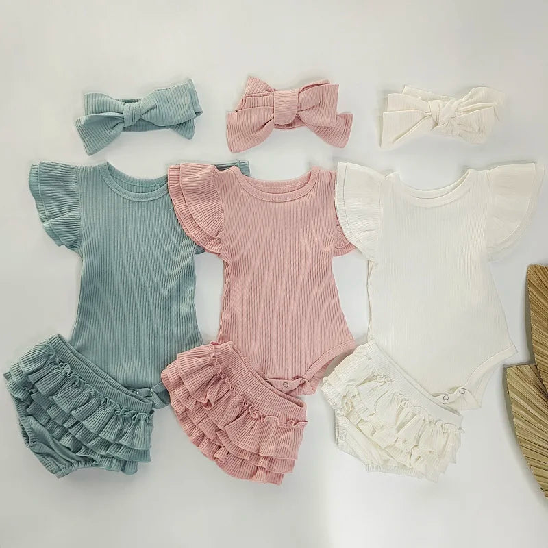 Baby Girls Romper Clothes Set Newborn Kids Cute Flying Sleeve Knitted Rompers Short Bow Headband Ribbed Cake Bloomers Ropa Bebe