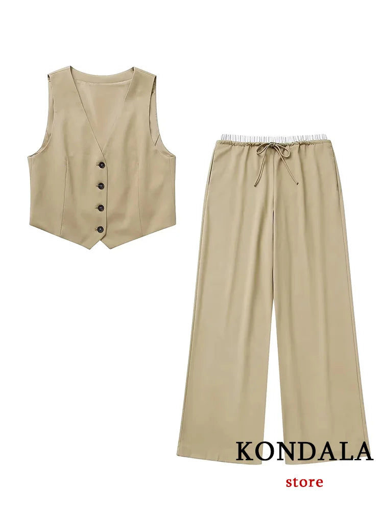 KONDALA Vintage Khaki Office Lady Suit V-Neck Single Button Sleeveless Vest High Waist Long Straight Pants Fashion 2024 Summer