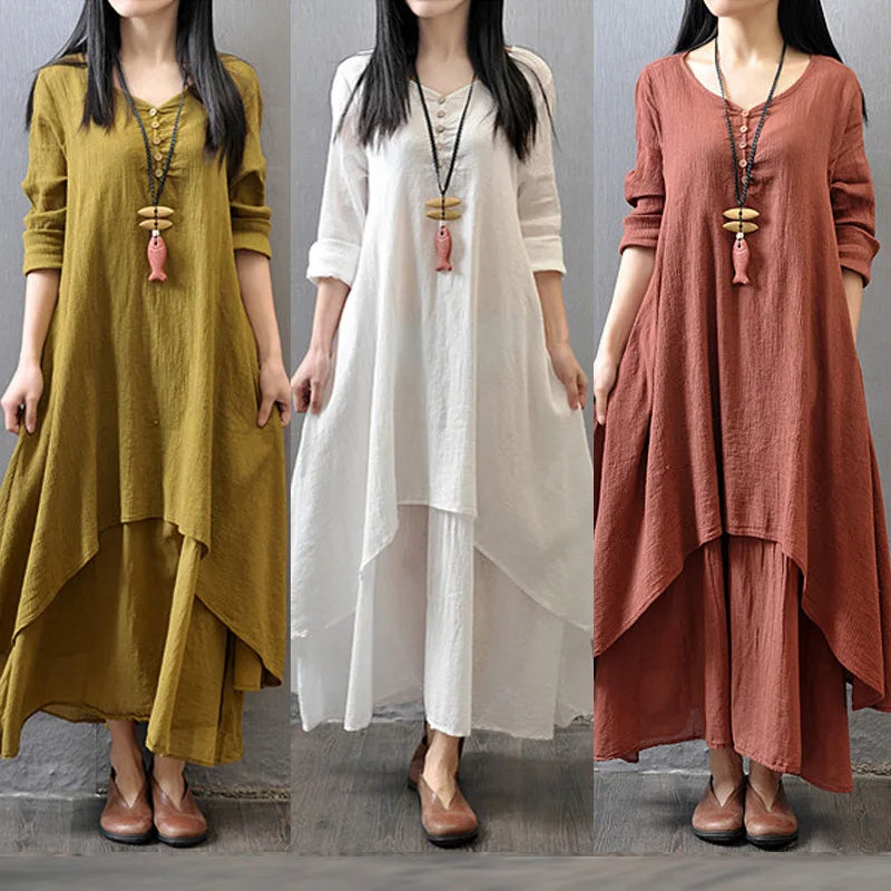 Elegant Cotton Linen Dresses for Women Mori Girl Style Casual Dress Plus Size Loose Long Sleeve Robe Club Outfits