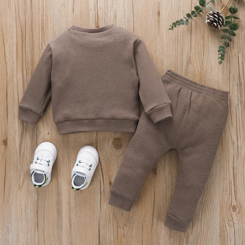 Toddler Boys Clothes Set Round Neck Long Sleeve Embroidered Bear Patch Tops Elastic Waist Long Pants Kids Autumn Casual Outfit