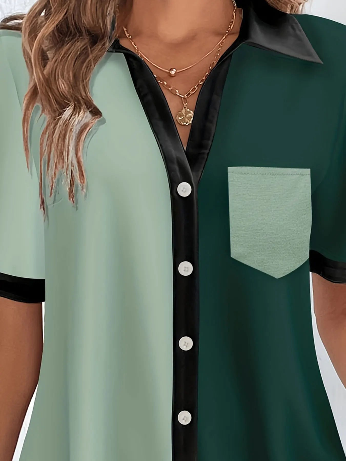 Plus Size Casual Blouse, Women's Plus Colorblock Button Up Short Sleeve Turn Down Collar Blouse