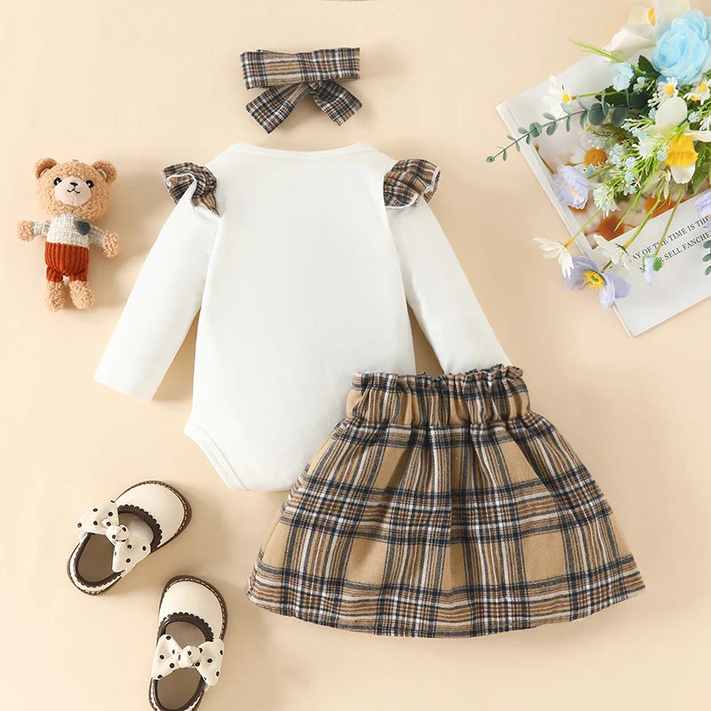 Newborn Baby Girl Clothes 3PCS Set Cartoon Bear Embroidery Long Sleeves Bodysuit Plaid Skirt Suit Infant Baby Costume 0-18 Month