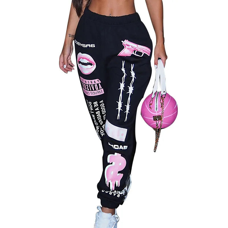 Women Fashion Elastic Waist Sports Casual Harem Pants Femme Joggers Trouser Printed Sweatpants