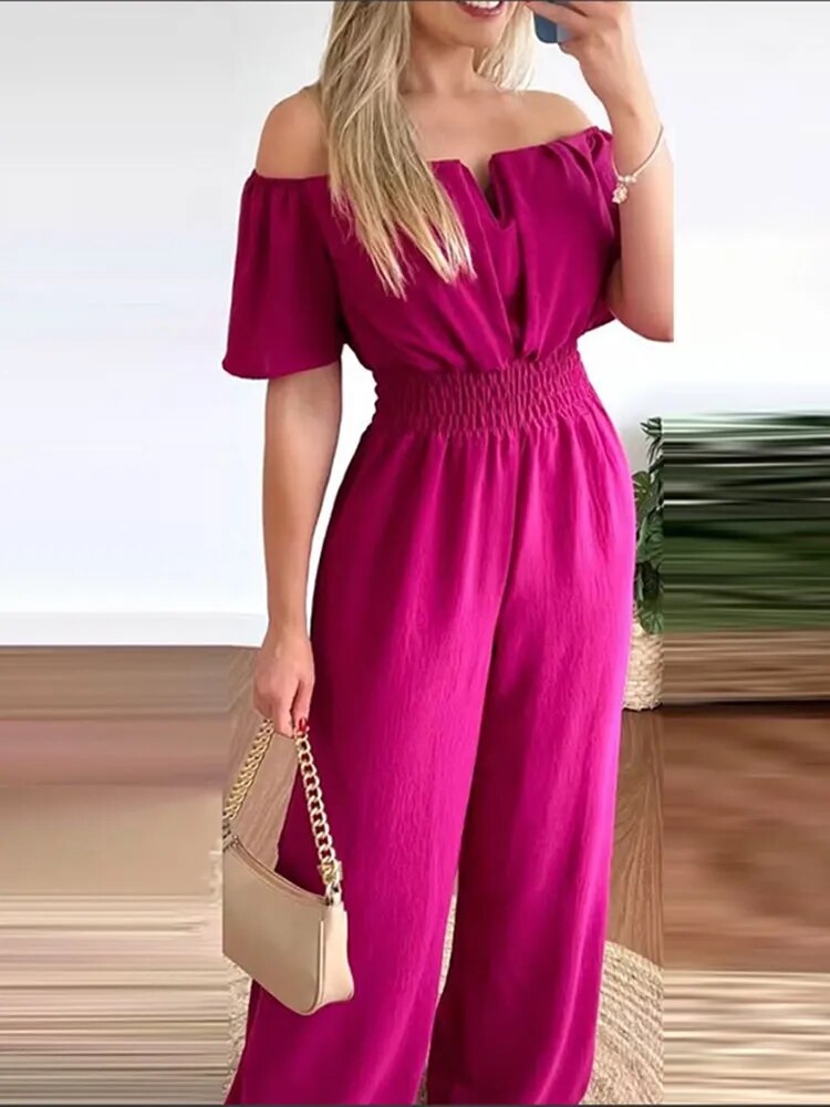 Summer New Women Sexy One Line Shoulder Solid Color Short Sleeve Jumpsuit Slim Elastic Waist Loose Straight Female Long Jumpsuit