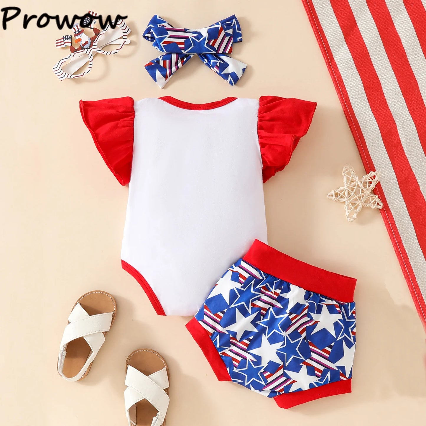 Prowow My First 4th of July Girl Outfit Sleeveless Letter Romper+Red Bowknot Star Printed Pants Independence Day Baby Clothes