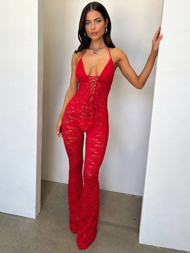 Sibybo Sexy Lace Hollow Out See Through Jumpsuits Solid Color Halter Backless Skinny Flared Trousers 2024 Spicy Girl Clothes