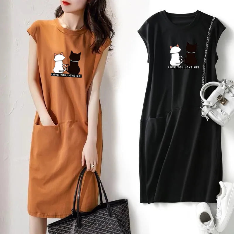 Women Summer Kawaii Cat Print Dress Korean Fashion Aesthetic Clothes Casual Streetwear Black Loose Midi Dresses for Women 2023