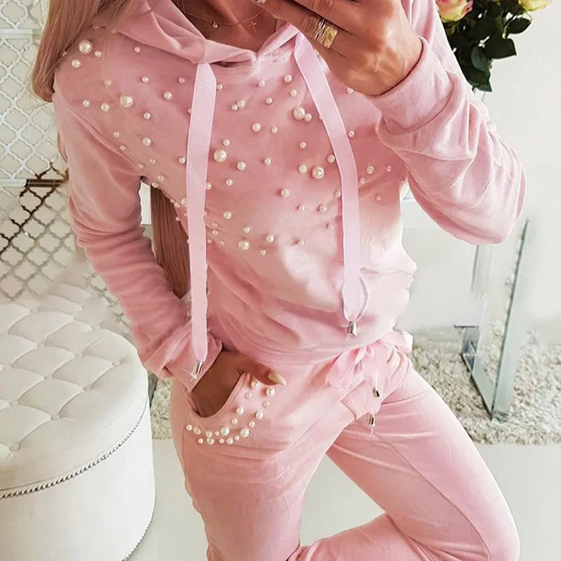 2024 New Women's Clothing Pink Bubble Beads Decorative Hooded Sweater Pullover Sweatpants Trousers Casual Suit 2-Piece Set