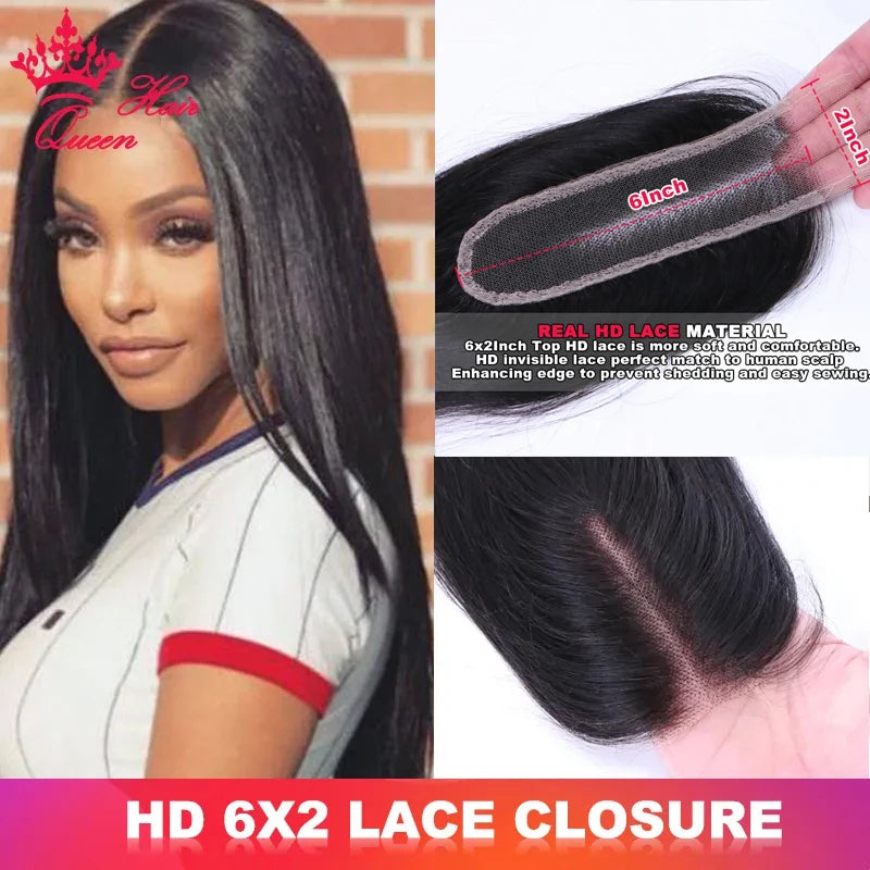 Queen Hair Real HD 2x6 Closure Deep Part Pre Plucked Small Knots Invisible Melt Skin 100% Human Raw Hair Straight / Body Wave