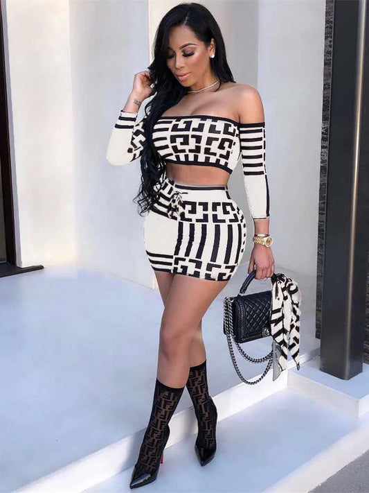 Two Piece Sexy Women's Printed Dress, Summer Long Sleeved Slim Fit One Line Collar, Elegant Party Club Party Mini Skirt set