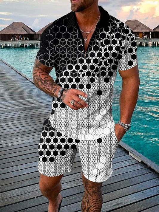 Men's Summer Printed Zipper Casual Lapel Short Sleeve Set 3D Retro Polo Shirt Street T-shirt Shorts Sports Cool Two Piece Set