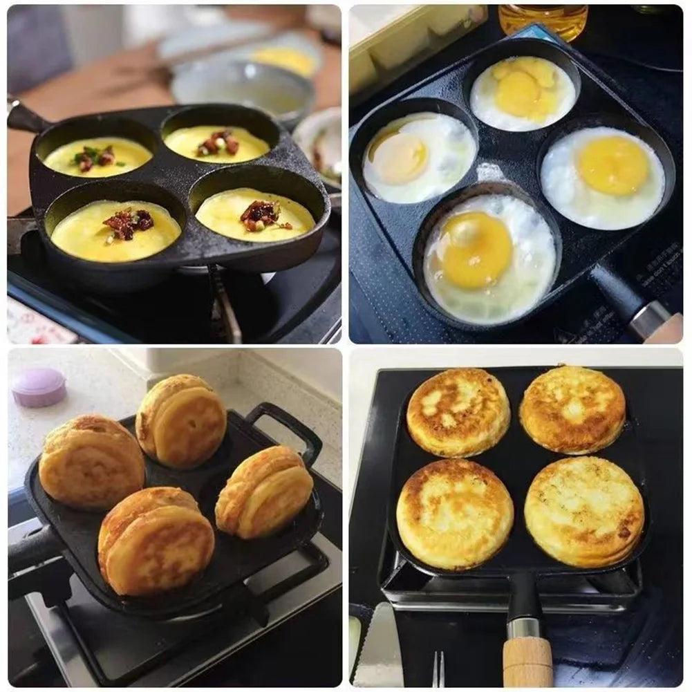 4-Hole Non Stick Cookware Pancake Pan Egg Frying Pan Wooden Handle Hamburg Bread Breakfast Maker for Gas Stove Induction Cooker