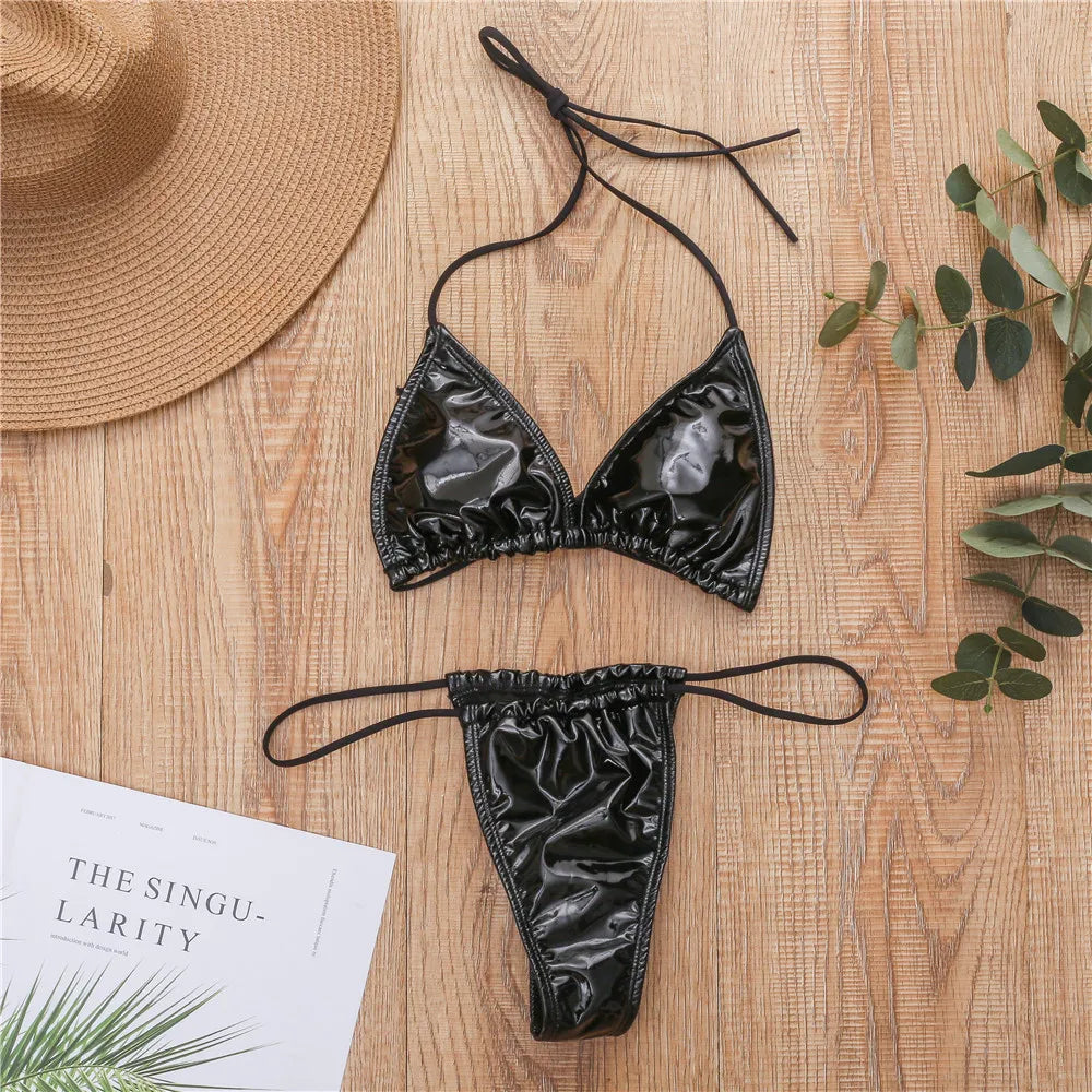 Sexy Neon Bikinis Push Up Swimwear Bright PU Leather Women 2024 Thong Swimsuit Micro High Cut Triangle Female Bathing Suit Mujer