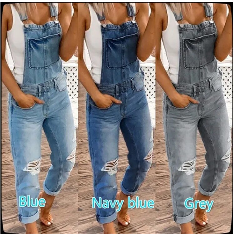 Women's suspenders with holes, washed and slimming jumpsuit, suspenders, women's pants