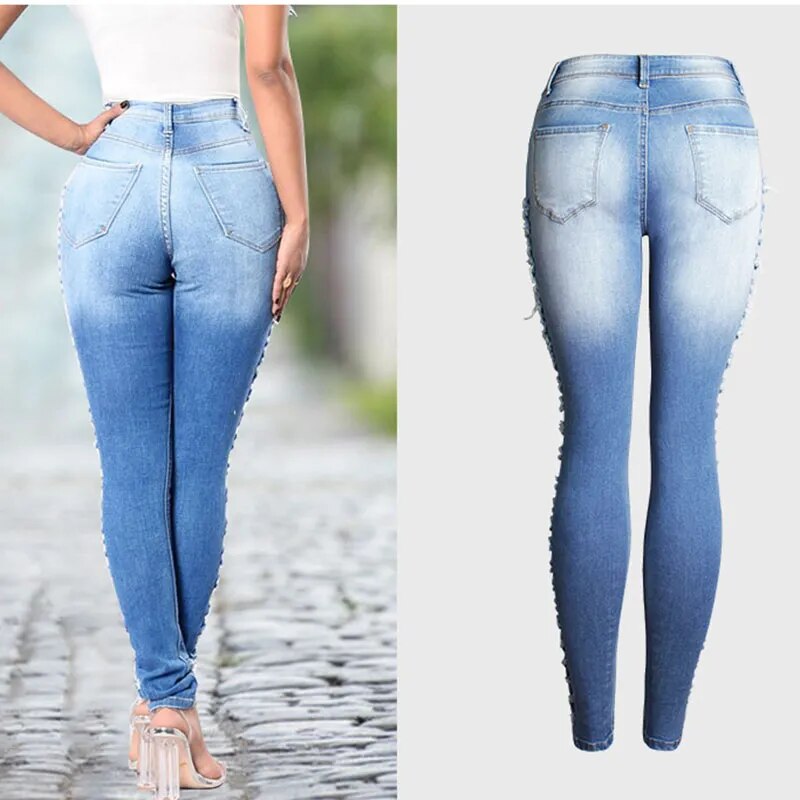 Women Fashion Youth Jeans Europe / America New Hole Slim Stretchy Jeans Pencil Pants Women Full Length Folds Jeans