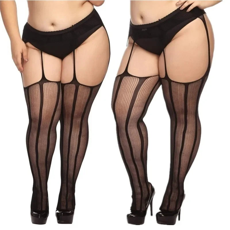 Plus Size Thigh High Tights Open Crotchless Pantyhose Plus Size Stockings black Fishnet Panty Socks Belt for Women lingerie Sexy