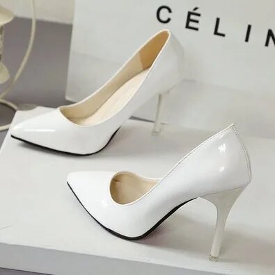 New Nude Pumps for Women High Heel Shoes Female Fashion Patent Leather Sexy Pointed Toe Thin Heel Wedding Shoes Plus Size 34-44 heels