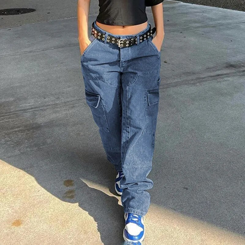 Streetwear Woman Jeans High Waist Baggy Leg Large Pocket Splicing Denim Pants Women Wide Leg Overall Casual Full Length Trousers