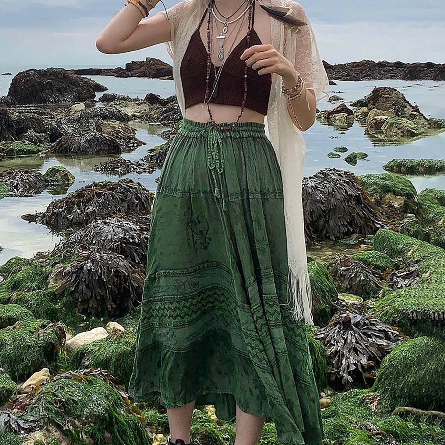 Vintage Bohemian Boho Long Skirt Women Beach Retro Print Drawstring High Waist A Line Skirt Green Large Swing Casual Maxi Skirt