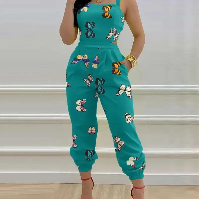 Spring/Summer 2023 Fashion Strap Print Jumpsuit Feminino Open Back Lace Up Jumpsuit Mono Elegante Mujer Woman Rompers Bodysuit