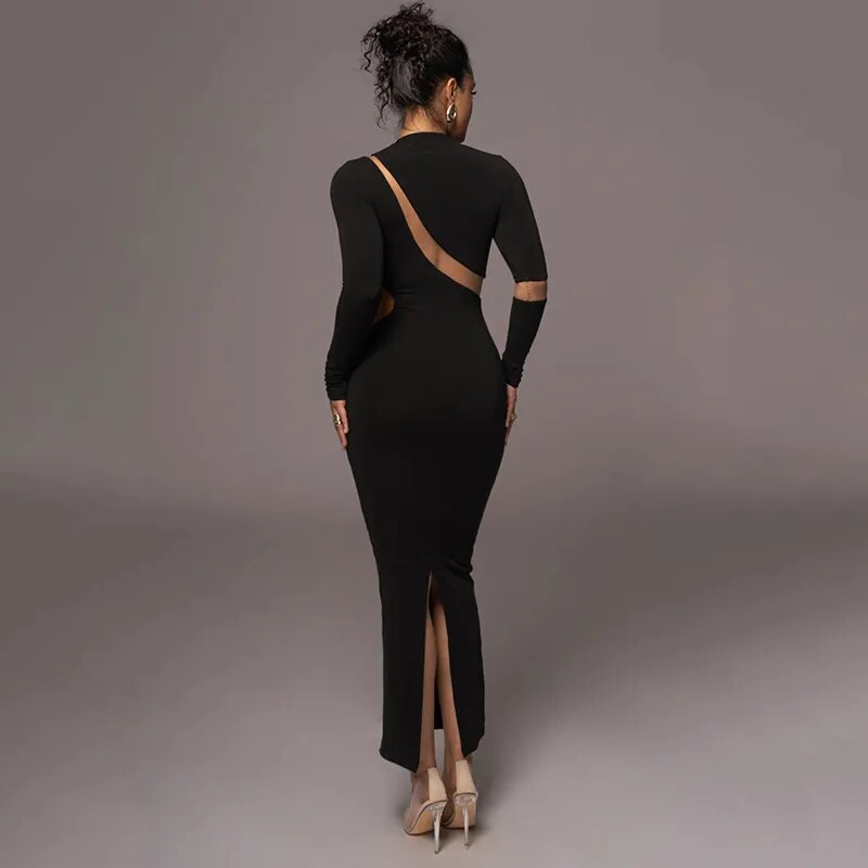 Women's Sheer Split Slim Long Dress, O-Neck, Long Sleeve, High Waist, Hip Wrapped, Elegant Dresses, Club Party Wear, Autumn