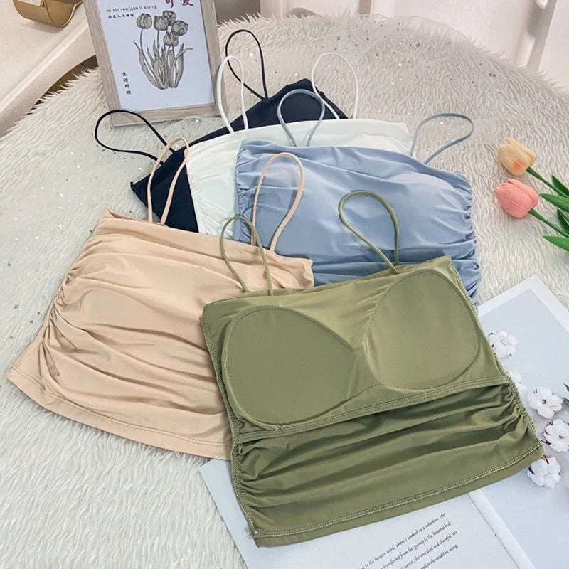 Women Crop Tops Summer Spaghetti Strap Folds Strech Tank Top Female Sleeveless Slim Camis Bodycon with Chest Pad Fashion Tops