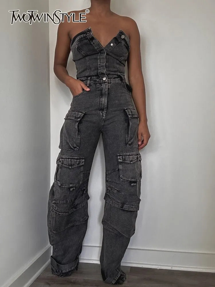 TWOTWINSTYLE Slimming Streetwear Denim Jumpsuits For Women Strapless Sleeveless High Waist Patchwork Pockets Jumpsuit Female New