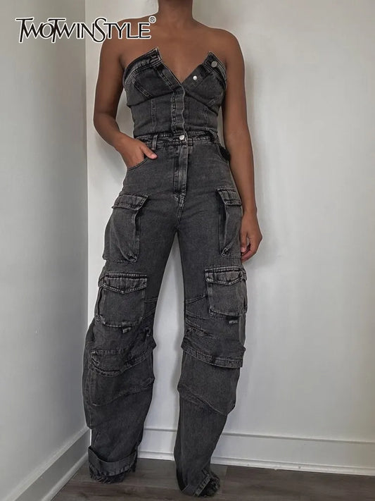 TWOTWINSTYLE Slimming Streetwear Denim Jumpsuits For Women Strapless Sleeveless High Waist Patchwork Pockets Jumpsuit Female New