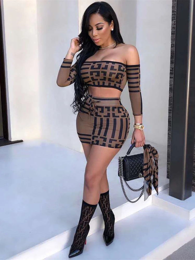 Two Piece Sexy Women's Printed Dress, Summer Long Sleeved Slim Fit One Line Collar, Elegant Party Club Party Mini Skirt set