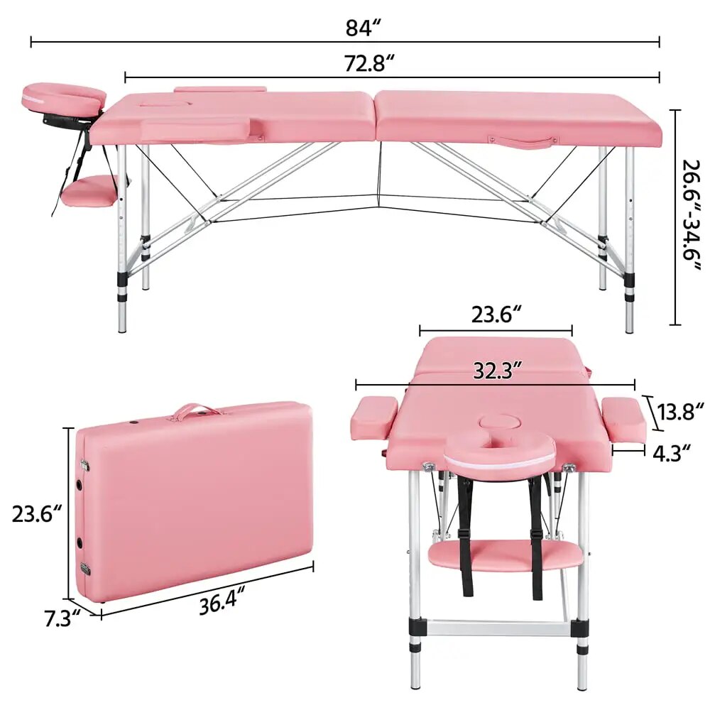 Portable 84-inch Adjustable Folding Massage Bed Salon Tattoo Bed Pink