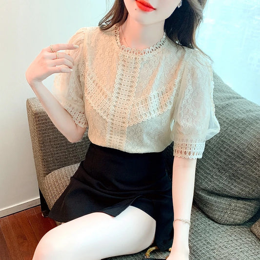 Summer Women's Short Sleeved French Bubble Sleeve Round Neck Hooked Hollow Solid Color Patched Lace Chiffon Tops Blouses B192