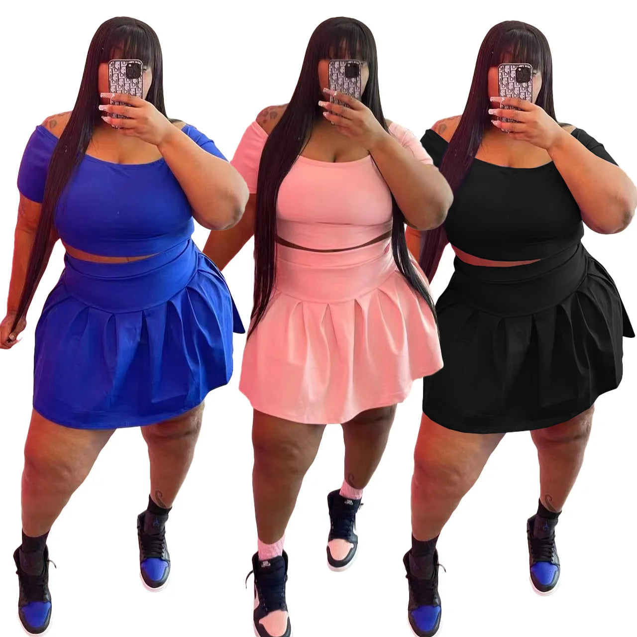 Solid Color Plus Size Two Piece Sets Womens Outifits Crop Top Sexy And Pleated Mini Skirts Matching Set Wholesale Dropshipping