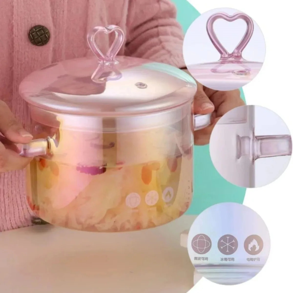 Aesthetic Pink Glass Saucepan Borosilicate Resistant Binaural Soup Stovetop Stew Pot Noodle Stockpot Cookware Kitchen Tools