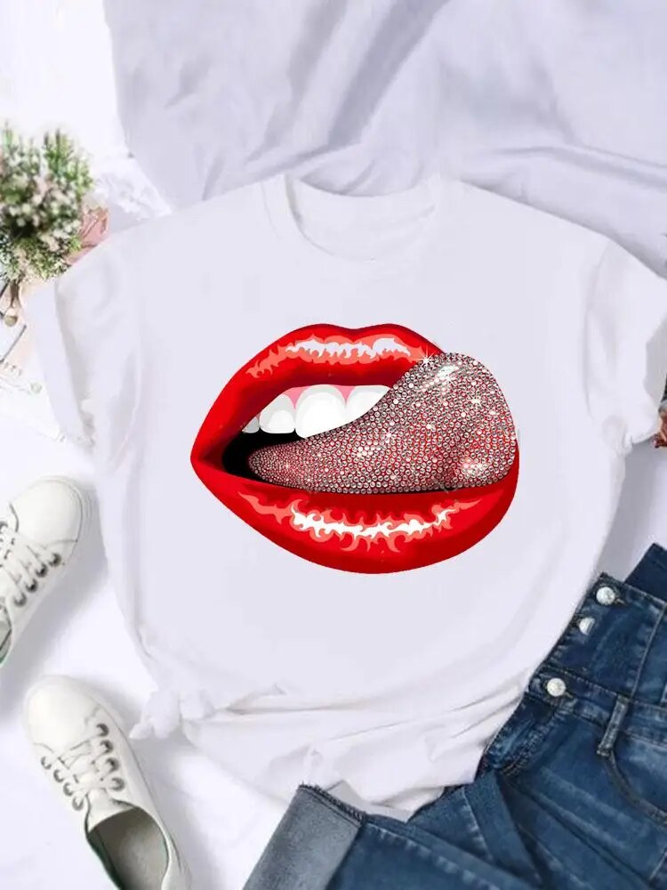 Women Female Watercolor Love Sweet Lip Casual Top Fashion Print Tshirts Cartoon Short Sleeve T Shirt Summer Graphic Tee T-Shirt