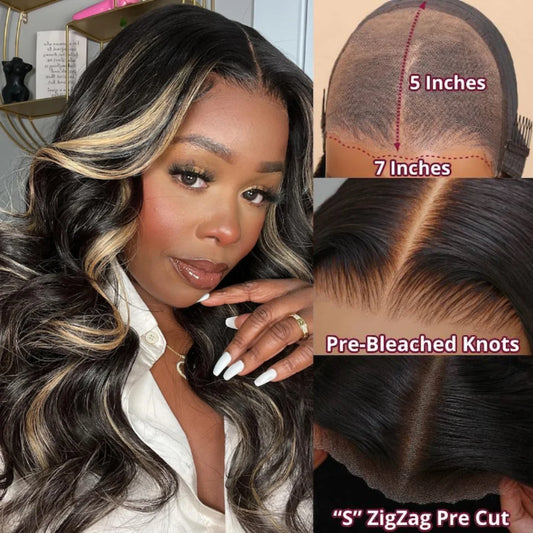 UNice Hair Bye Bye Knots Wig 7x5 Blonde Highlight Balayage Black Body Wave Pre Bleached Invisible Knots Glueless Wig Human Hair