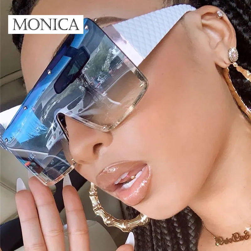 Oversized One-piece Sunglasses Women 2022 Trends Metal Rimless Vintage Blue Sunglass Man Gradient Lens UV400 Driving Glasses